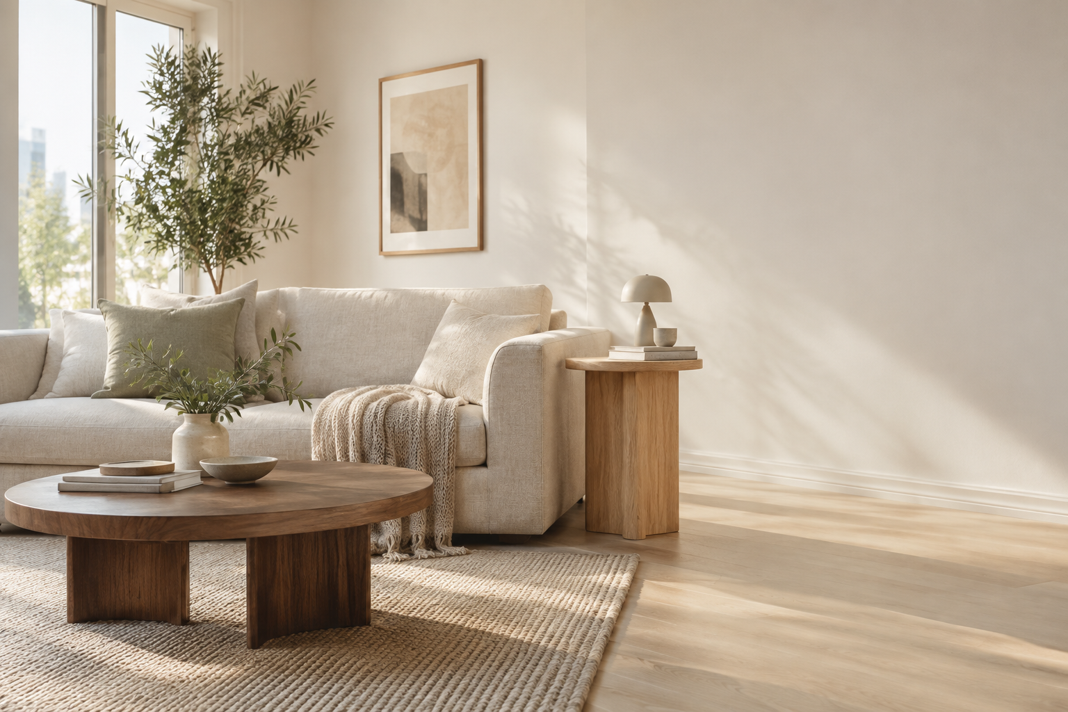 A bright modern living room furnished with WoodenKriti wood furniture